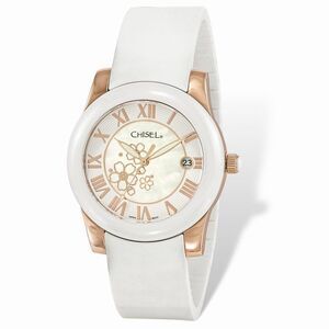 Chisel Ladies Rose IP-plated Floral Dial White Strap Watch